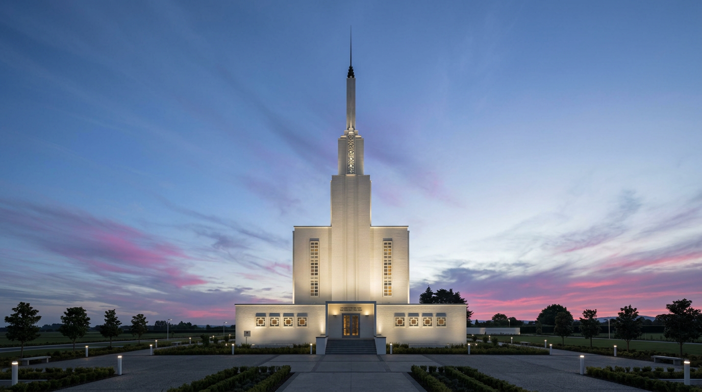 The Hamilton New Zealand Temple at twilight with the full spire and surrounding sky